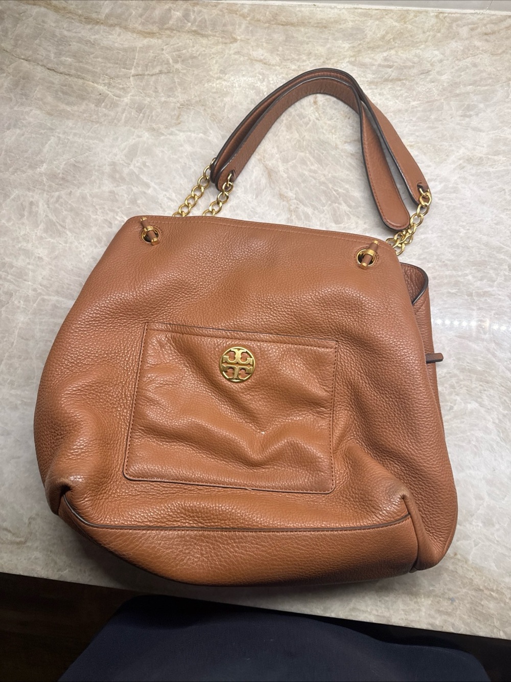 Tory Burch Brown Pebbled  Bag with logo and gold on chain